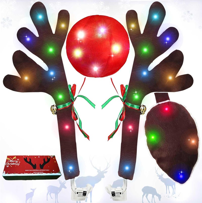 GlACBIUG Reindeer Antlers for Cars, LED 2025 Christmas Car Decorations Kit with Jingle Bells, Nose, Tail, Multicolor Light-Up Rudolph Xmas Decor for SUV, Van, Truck - Image 1